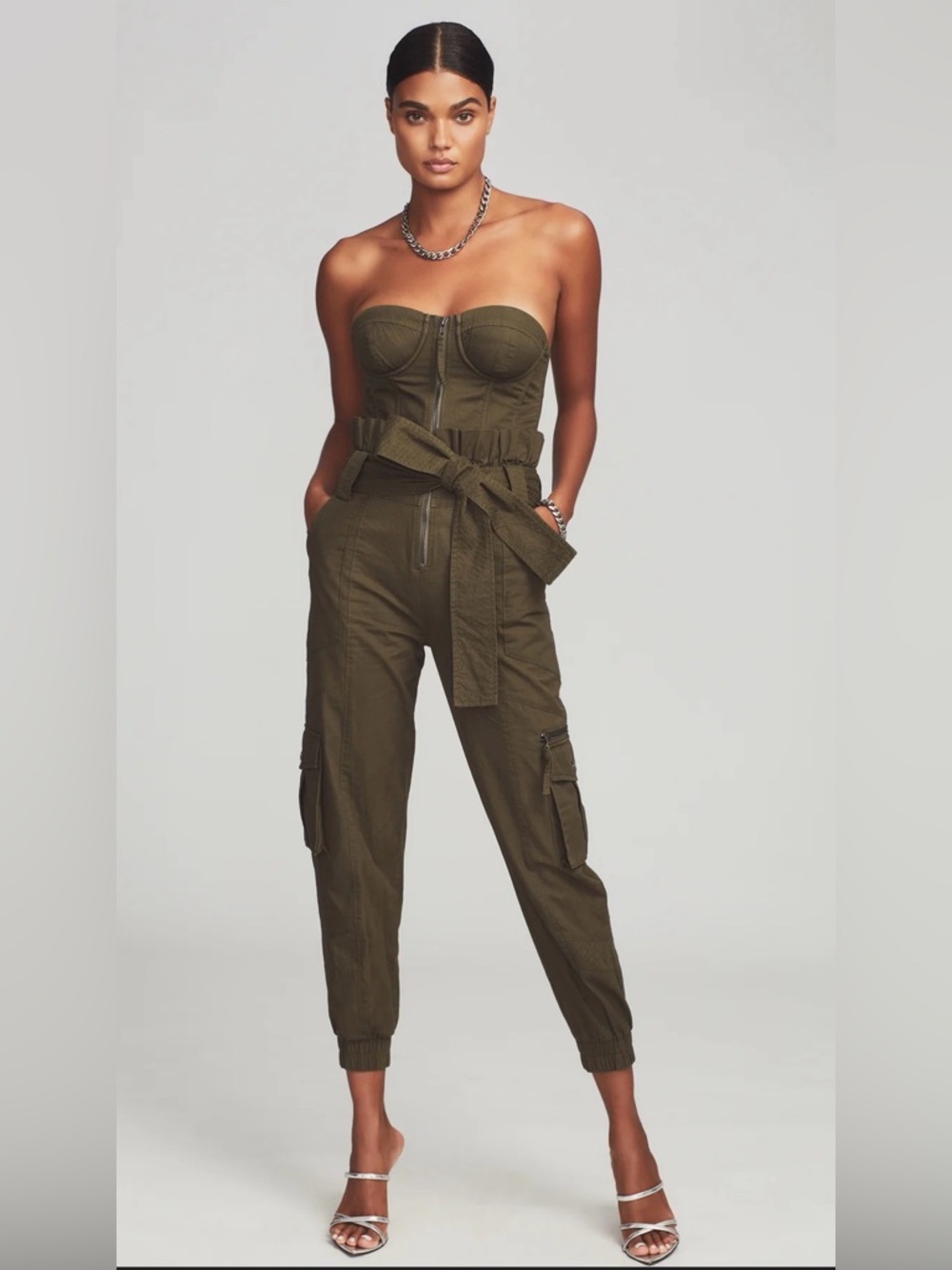 Retrofete Olive Strapless Cargo Jumpsuit with Self-Tie Belt